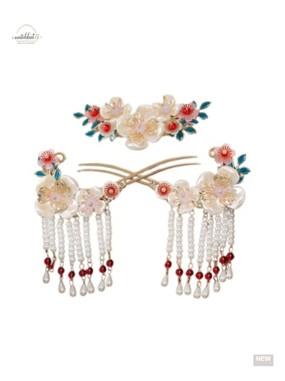 3 Pcs Flower Tassels Hairpin Rhinestone Pearl Clips Hair Accessories for Updo
